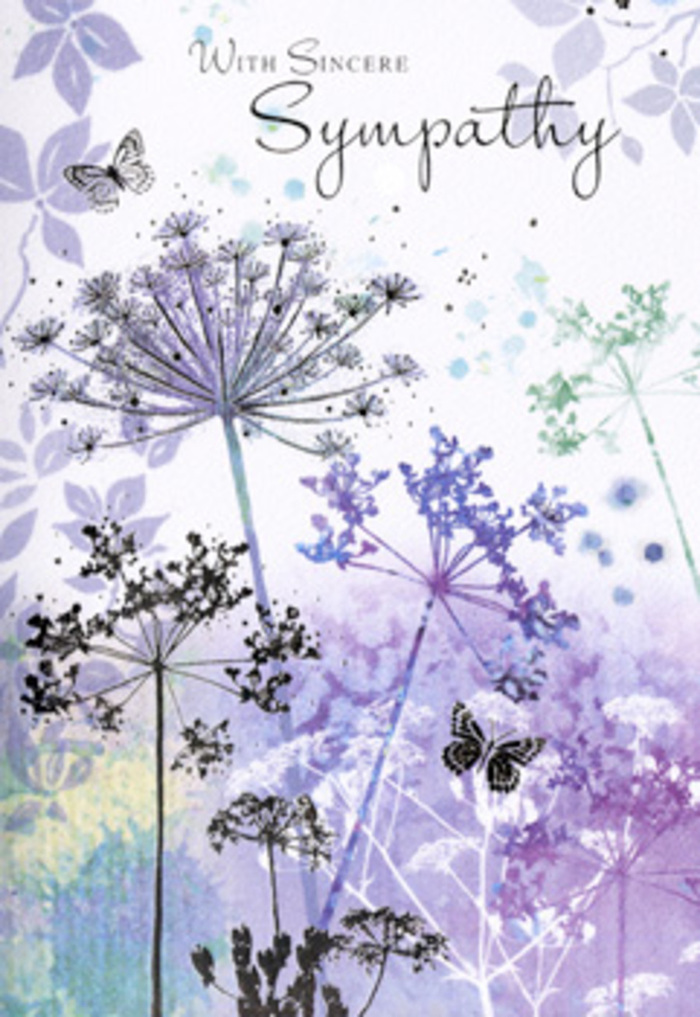 This sympathy card opens onto a serene meadow scene, interpreted through watercolour in a way that feels very much like the softened horizons around Northolt on a hazy morning. Tall, spindly wildflowers with umbelliferous heads stretch upward in a loose cluster, their silhouettes sketched in fine lines of lavender, muted indigo, and gentle grey-green. The stems cross and sway with a natural, unforced grace, suggesting a light breeze drifting over open ground near Northolt's quiet residential streets. Behind them, a wash of pale violet and silvery blue softly blurs, like distant fields or sky touched by early light after rain. Nothing is sharply defined; edges melt into one another, creating an atmosphere of calm reflection rather than stark contrast. Two delicate butterflies hover above the wispy petals, wings suggested with just a few strokes, as though they might take flight at any moment. Their presence brings a quiet note of hope and continuity-a sense that life carries on, even in the midst of sorrow. The arrangement of flowers and butterflies is carefully balanced, leaving open space where the eye can rest, much as we leave breathing room in a thoughtfully composed funeral spray. This delicate artwork feels like a visual whisper, the sort of gentle condolence that complements the stillness of a chapel or a graveside farewell at a local service. The overall mood is soothing and contemplative, weaving together nature, memory, and compassion into a design that supports, rather than overwhelms, anyone experiencing loss.