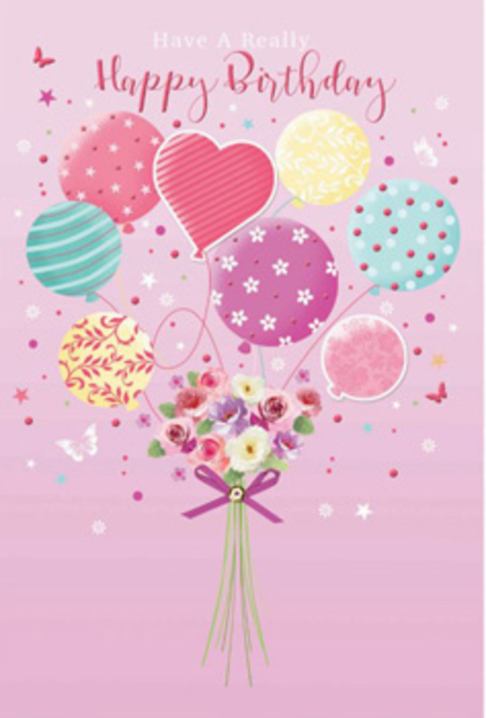 This birthday card artwork captures the feeling of a gentle, joyful celebration drifting above the rooftops of Northolt, with a bouquet of flowers seemingly carried upward by a cluster of pastel balloons. The background is a soft, comforting pink, like evening light reflected off quiet terraced houses, providing a calm stage for the design. At the top, balloons in shades of blush, fuchsia, pale yellow, and lavender hover weightlessly, each adorned with delicate details-candy-like stripes, scattered dots, tiny floral prints, and swirls that mimic the loops of real ribbon. One heart-shaped balloon sits near the centre, subtly drawing the eye and echoing the affection behind the birthday wishes. Below, a dainty hand-tied bouquet gathers ivory and blush roses, along with small, daisy-like flowers whose petals seem almost velveteen, shaded from creamy white through to rose pink as if touched by morning light on the way to Northala Fields. The stems are neatly bound with a shimmering violet bow, the satin folds giving a sense of texture you can almost feel between your fingers. Fine butterflies flit around the bouquet, accompanied by tiny star-like sparkles, suggesting a soft breeze lifting the design skyward. Gentle lighting flows across the scene, bringing a glow to both balloons and petals, and creating the impression of freshness and care, as though the arrangement has just been completed in a local Northolt florist's studio. Overall, the illustration conveys a tender, uplifting birthday moment-graceful, playful, and lovingly composed.