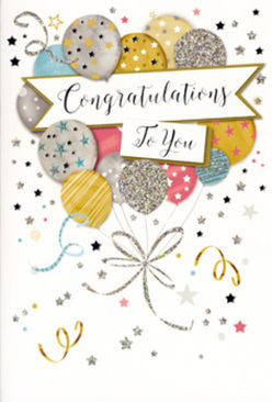 This image presents an opulent congratulations card that feels as if a Northolt celebration has been distilled into ink, glitter, and carefully chosen colour. The focus is a loose bouquet of floating balloons printed across the upper half of the card, rising as though from just beyond the lower edge. Each balloon is round and softly shaded, appearing almost three-dimensional, with surfaces in satin gold, brushed silver, champagne beige, baby blue, dusky pink, and cool grey. Some are wrapped in slender metallic stripes, others sprinkled with tiny stars or all-over glitter that seems to catch and reflect an unseen light, like festive decorations outside the shops near Church Road on a bright afternoon. They are anchored by fine, twisting ribbons in gold and silver, which curl and loop elegantly toward the base of the composition. In the middle, a gently curved banner unfurls, its edges subtly shadowed, showcasing the message "Congratulations To You" in refined, flowing script that feels both warm and formal. Scattered around the balloons and banner, petite metallic stars, dots, and ribbon-like swirls drift against a soft, creamy background, giving a sense of movement as if confetti were still floating down after an enthusiastic cheer. Though no flowers appear here, as a florist I can almost imagine pairing this card with a chic bouquet for same-day delivery across Northolt, from the residential streets near Oldfield Circus to homes overlooking Northala Fields. The overall impression is joyful yet polished, perfect for honouring exam results, a promotion, a new home, or any hard-won success that deserves to be celebrated in style.