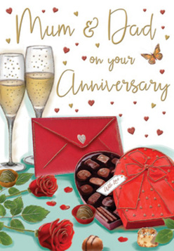 Romantic anniversary card illustration showing a carefully arranged celebration tableau that could easily sit on a dining table in Northolt after a special meal. At the centre, two tall champagne flutes stand close together, the stems nearly touching, filled with pale golden fizz that seems to dance in the light, ready for an anniversary toast. In front of them is a luxurious heart-shaped box of chocolates, its deep red lid tipped open to reveal neat rows of truffles, all wrapped up in a wide red satin bow that curls softly like ribbon on a florist's bouquet. To one side, a pair of crimson red roses rest against lush green foliage, their petals rendered so plush and layered that you can almost imagine their velvety texture and the faint, familiar fragrance that often accompanies fresh deliveries across Yeading, Greenford, and Northolt. Scattered around the scene are glimmering gold accents and tiny red hearts that drift through the background like confetti, framing the tender "Mum & Dad" inscription written in a friendly, flowing script. A bright scarlet envelope lies close by, suggestive of a private message or anniversary card passed lovingly across the table after a walk along Church Road or a quiet evening at home. The lighting is warm and intimate, casting a soft glow that makes the glass, chocolate, and petals all appear gently illuminated, as if caught in that cherished moment just before the glasses clink. The overall mood is one of deep appreciation, shared memories, and the quiet luxury of taking time to celebrate a life built together.
