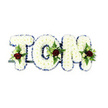 A tender, sculpted funeral tribute spelling the name TOM in three-dimensional, pillowy letters of densely packed white chrysanthemums; each small bloom creates a soft, cloud-like surface that reads as quiet comfort. The crisp edges of the letters are traced with a royal blue ribbon-clean, satin-lined and deep in tone-giving each character a dignified outline that sits in gentle contrast to the pure white petals. Within the body or lower quadrant of each letter a formal spray is set with careful symmetry: a single, velvety dark red rose anchors the arrangement as a focal emblem of love and sorrow, surrounded by smaller creamy ivory spray roses and slender fern fronds that introduce textural depth and a cool green counterpoint. The green or black metal support bar beneath the letters is subtly visible, a discreet structural element that allows the tribute to stand upright at a graveside or chapel display. The whole composition reads against a clean white background, lit by soft studio light that accentuates petal texture and ribbon sheen without harsh shadows. There is a muted fragrance-a faint rose-scent threaded through the green earthiness of the foliage-that suggests a moment of pause and remembrance. As a crafted memorial piece, this arrangement balances formal restraint with heartfelt detail: the chrysanthemum's resilience, the blue ribbon's composure, and the single red rose's eloquent sentiment. Imagined for services in Northolt-perhaps brought to a chapel near Northolt Park or placed at a service beside Northala Fields-this floral name tribute conveys respect, steadiness, and a quiet, comforting presence.