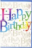 This birthday card exudes heartfelt celebration, the kind you might pair with a bright bouquet arriving at a doorstep in Northolt on a special morning. The centrepiece of the design is the phrase Happy Birthday, written in large, friendly letters that span the width of the card like a festive banner. Each letter is painted in a different tone within a continuous gradient-starting from deep berry and crimson shades, drifting into burnt orange and sunny yellow, and then gliding through cool green, teal, and hints of sky blue-creating the impression of colourful party streamers unravelled across a table. The lettering appears slightly raised with a smooth, almost satin-like finish, catching the light enough to create gentle highlights along the curves. Behind this lively rainbow message, the entire background is layered with repeated lines of Happy Birthday to you rendered in fine, looping golden calligraphy. The script gleams softly, as if a thin veil of metallic dust has been brushed over the card, reminiscent of how late afternoon light glows over Northolt's quiet residential streets. Tiny specks and star-shaped flecks of colour float around the main text, like confetti suspended in midair just after being tossed. There is an easy elegance to the layout: the bold central words do the talking, while the gold script and subtle sparkles add depth and sophistication. It feels like exactly the kind of card a local Northolt florist would choose to accompany a hand-tied birthday arrangement, the colours of the card echoing the lush mix of blooms and helping to transform a simple delivery into a truly memorable celebration.