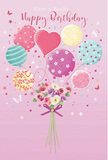 On this birthday card illustration, a playful yet elegant celebration comes to life against a soft pink backdrop, like a sweet scene unfolding in a cosy Northolt living room. Above, a gathering of pastel balloons-some round, some gently elongated, and one charmingly heart-shaped-float upward with effortless grace. Their colours move through a soothing palette of rosy pinks, sea greens, lemon yellows, and lavender purples, each balloon etched with its own personality in the form of candy stripes, dancing polka dots, whimsical floral motifs, and curling ribbons. Just beneath this airy canopy rests a hand-tied bouquet of petite roses and anemone-like blooms in shades of creamy ivory, blush, and dusky mauve, their petals layered and soft, evoking the feel of freshly cut garden flowers carefully arranged for a birthday delivery across Northolt. A sleek violet satin bow gathers the stems at the base, adding a note of refinement and suggesting the touch of an experienced florist. Light seems to stream gently across the composition, catching the gloss on the balloons and the subtle sheen of petal edges, enhancing the sense of freshness and quiet excitement. Delicate butterflies and tiny star-like specks hover around the bouquet, lending an almost fairy-tale charm, as though birthday wishes are drifting upward with every flutter. The overall effect is of a light, airy, and joy-filled moment-flowers and balloons united in a floating tribute that feels both intimate and festive, perfect for marking a cherished birthday in and around Northolt.