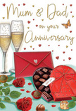 Illustrated anniversary card scene overflowing with warmth, romance, and the comfortable elegance of a long-married couple celebrating together in Northolt. At the heart of the composition, two tall champagne flutes stand side by side, perfectly aligned as if mirroring the couple they represent, each glass filled with pale golden champagne fizzing with tiny bubbles. In front of them, an open heart-shaped box of chocolates takes pride of place, its deep red casing and lush bow carefully rendered so that the ribbon appears soft and satiny, while the chocolates inside sit in tempting rows. To the left, two red roses lie gracefully on the tabletop, their petals lush, velvety, and slightly curled at the edges, backed by glossy green foliage that hints at a bouquet lovingly sourced from a neighbourhood florist in Northolt or nearby Greenford. Small golden and crimson hearts drift across the background like a celebratory breeze, drawing attention towards a handwritten Mum & Dad message that feels intimate and personal, as though written by an adult child thanking their parents for years of guidance and love. A bright scarlet envelope rests nearby, its flap neatly closed, evoking the excitement of opening a carefully chosen card on a special evening at home after a stroll around Northala Fields. Light in the illustration is soft and warm, bathing the entire arrangement-glass, flowers, chocolates, and paper-in a gentle glow that suggests candlelight or a cosy lamp. The overall mood is tender, indulgent, and quietly joyful, capturing the essence of an anniversary shared with family in a familiar Northolt setting.